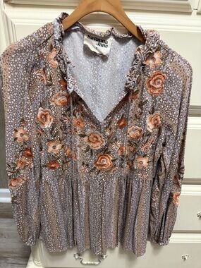 Savanna Jane Taupe Floral Embroidered Peasant Top with Rust Accents